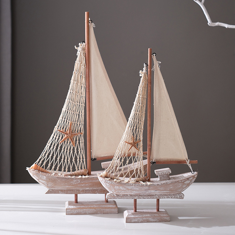 American retro sailing boat Mediterranean fishing boat home accessories antique fishing boat model creative home decoration small wooden boat