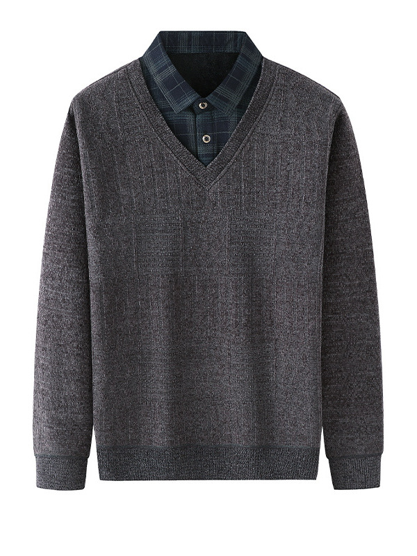 fleece-lined Warm Sweater Fake Two-piece T-shirt Middle-aged and Elderly Men's Fashionable Dad Winter New Casual Thickened Base Shirt