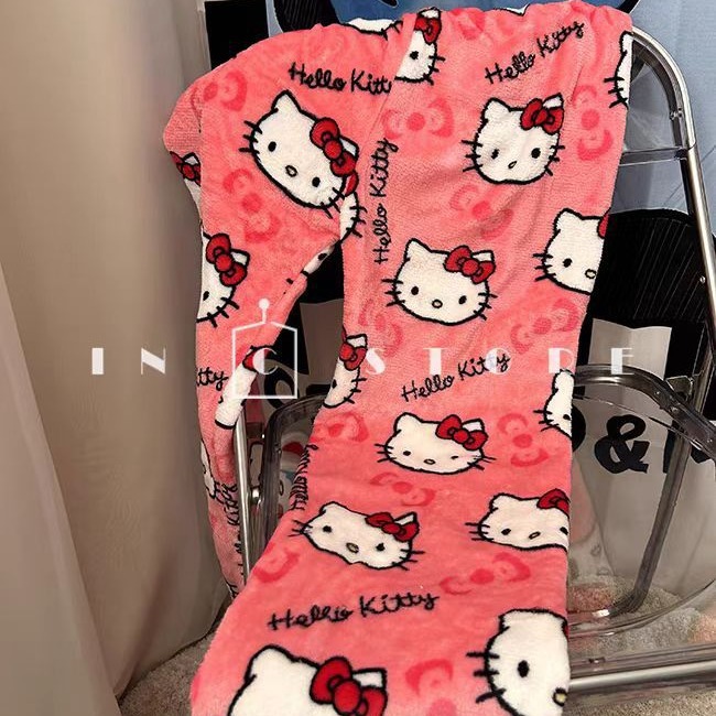Foreign Trade Cartoon KT Cat Printed Pajama Pants Thick Women's Coral Fleece Autumn and Winter Home Casual Flannel Pajama Pants Outer Wear