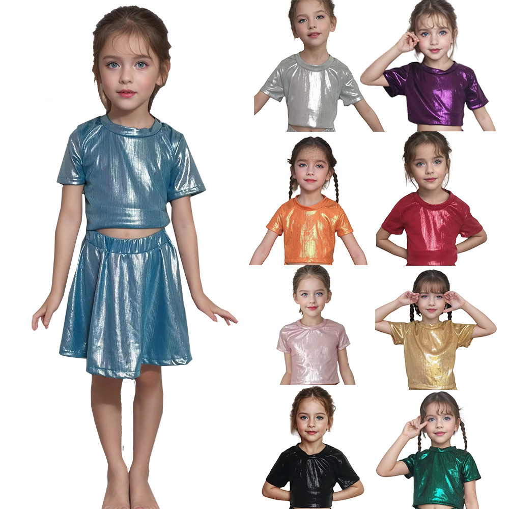 Unisex All-match Striped Men's and Women's New Children's and Elderly's Dancing Suit Hip-hop Sequins Laser Loose Short-sleeved T-shirt Street