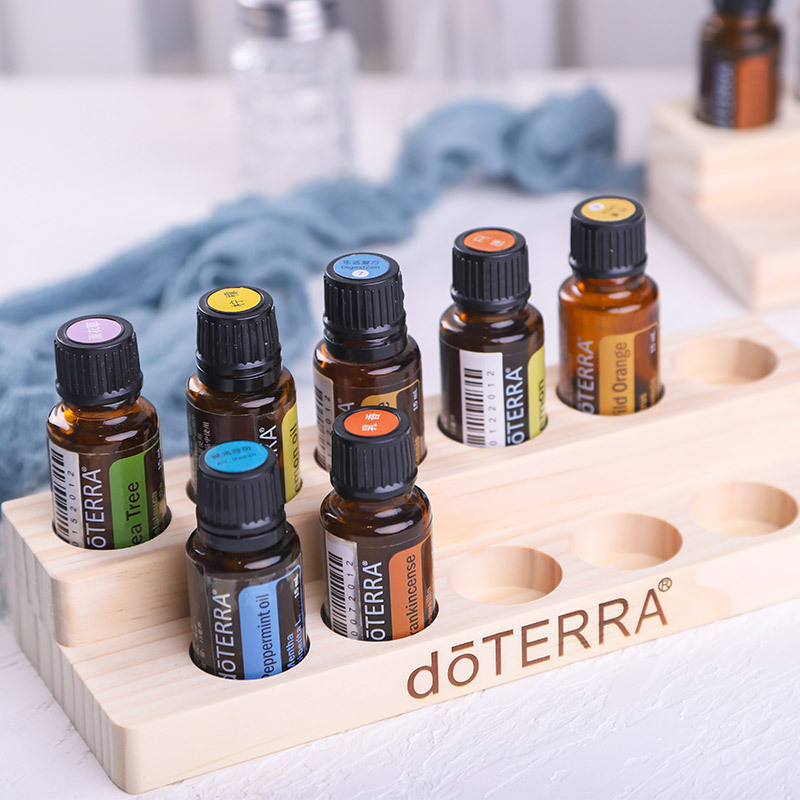 Wooden Double-Layer Essential Oil Display Rack Pine Wood 11 Grids 15ml Doterra Essential Oil Bottle Storage Rack Can Be Printed with Logo