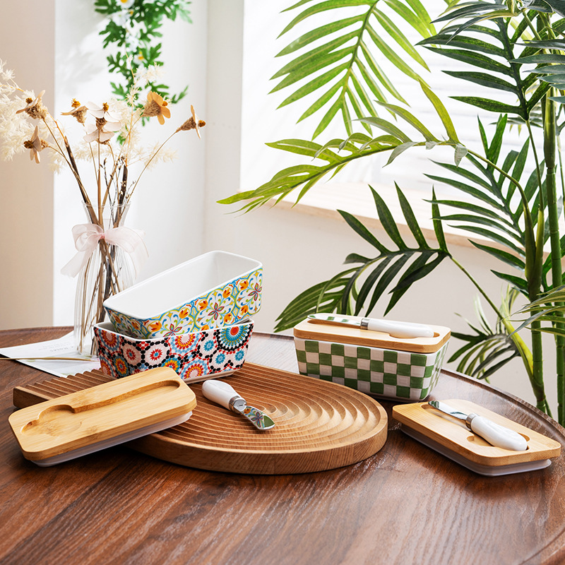 Керамическая масленка в пасторальном стиле с ножом и крышкой, американская кухонная коробка для хранения, оптовая коробка для сыра