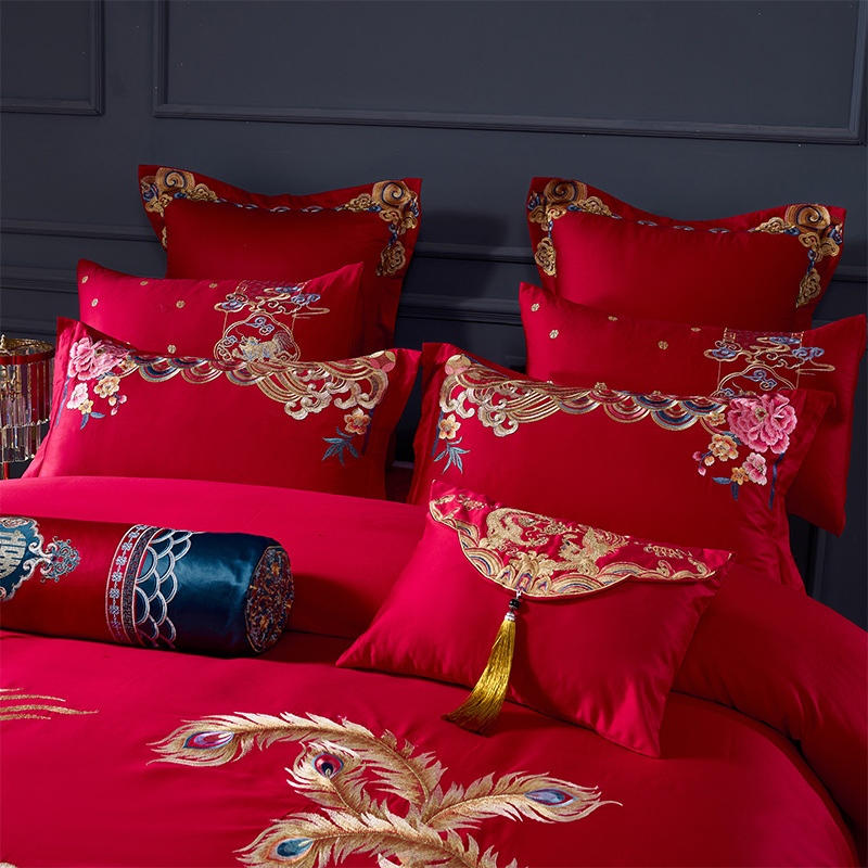 Cotton wedding four-piece wedding wholesale red embroidery bedding cotton wedding eight-piece wedding bed
