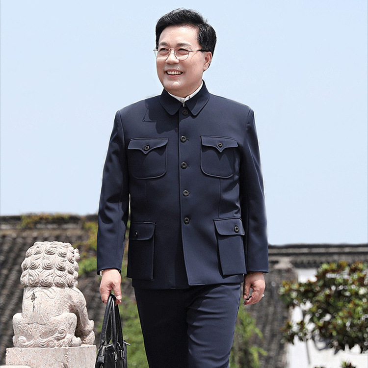 [Factory Ready Stock] Chinese Style Spring & Fall Middle-Aged and Elderly Men's Lycra Suit Grandpa Suit Men's Suit Stand Collar
