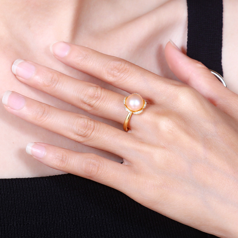 Cross-Border New Freshwater Pearl Petals Micro-Inlaid Ring for Women Adjustable Creative Personalized Ring DIY Empty Support Jewelry