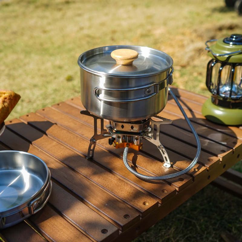 Outdoor climbing 304 stainless steel folding handle pot camping portable frying pan soup pot household picnic pot suit