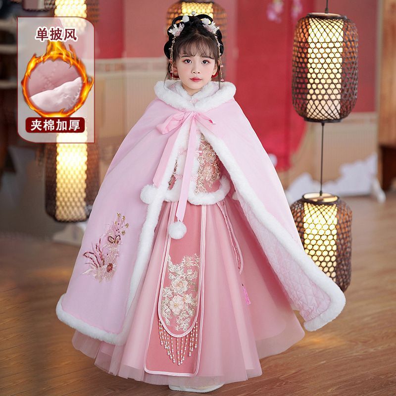 Зимняя китайская верхняя одежда, костюм династии Хань для девочек, капюшон, утепленный, уличный, ветрозащитный плащ, костюм для маленькой девочки