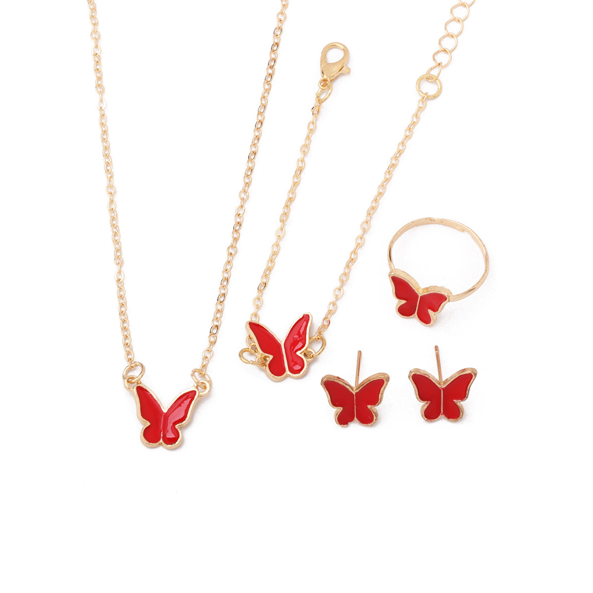 Cross-Border Hot-Selling Simple Jewelry, Fashionable and Versatile Butterfly Necklace, Bracelet, Ring, Earrings Set, Accessories in Stock