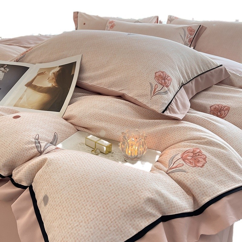 Autumn and Winter Category a Maternal and Infant Grade Thickeneded and Warm Four-Piece Set of Pure Cotton Accessible Luxury Style Digital Printed Wide-Brimmed Style