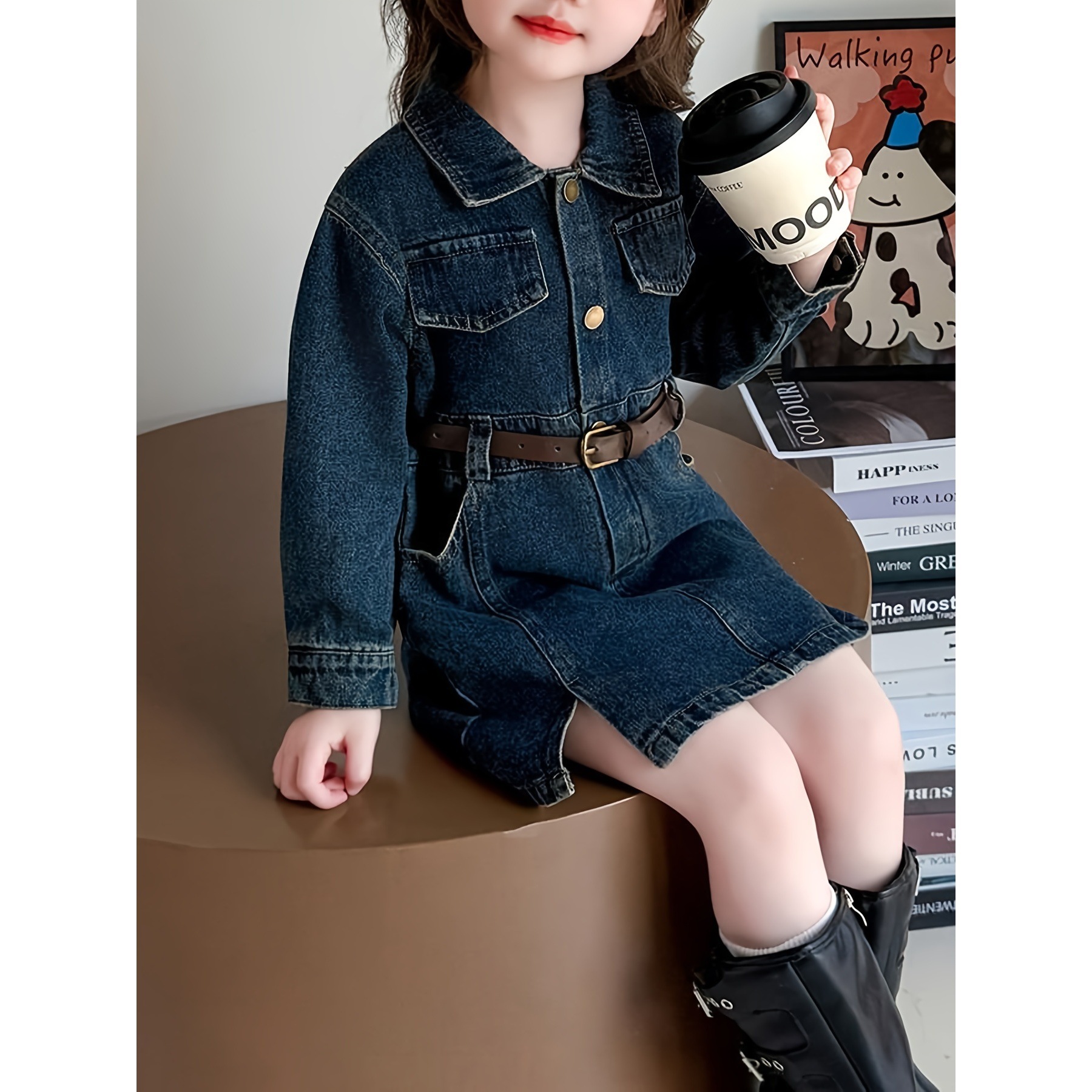 Girls' Autumn and Winter Dresses New Baby Girl Korean Style Kidsren's Fashionable Skirt with Belt Dress