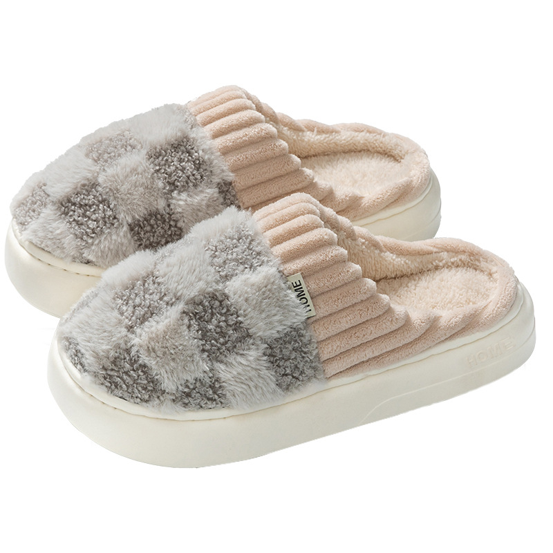 Furry Slippers for Women Autumn and Winter Indoor Home Household Warm Fleece-Lined Confinement Shoes Thick-Soled Couple Cotton Slippers Wholesale