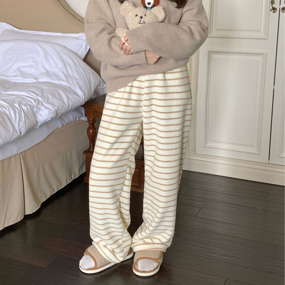 Длинные штаны в корейском стиле с полосками, полувелюровые, домашние, утолщенные, теплые, прямые, для активного отдыха