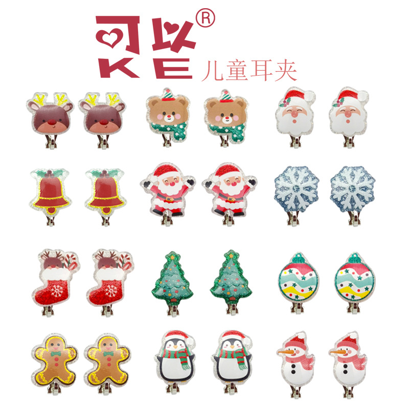 Новые мультяшные зажимы для ушей для детей на Рождество, безболезненные, Санта-Клаус и снеговик