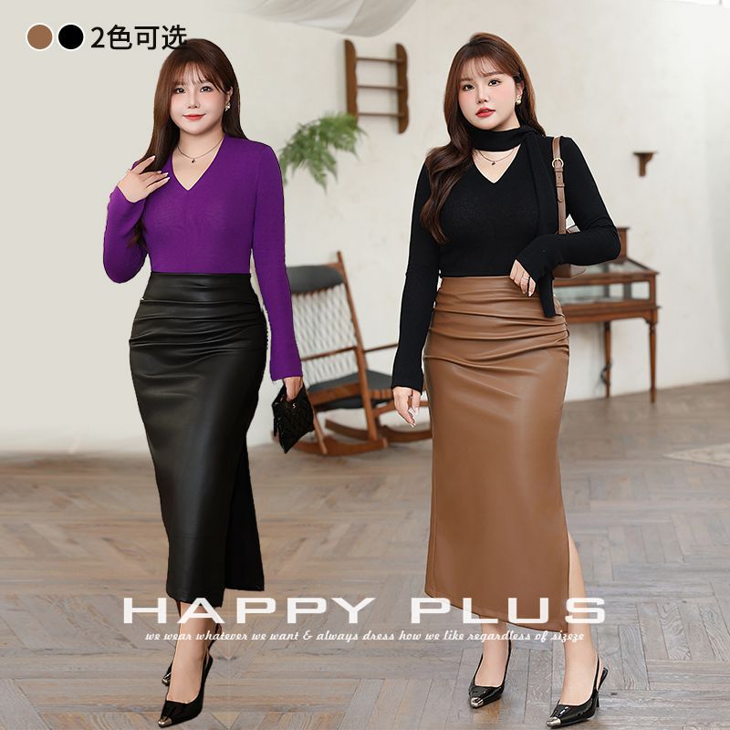 Складчатая кожаная юбка средней длины с разрезом 9017, стиль сексуальной француженки