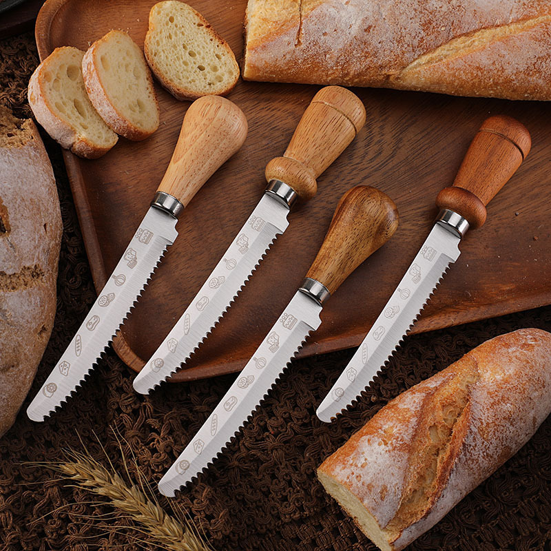 Factory Spot Wooden Handle Serrated Steak Knife Stainless Steel Creative Tableware Western Steak Knife Cake Toast Bread Knife