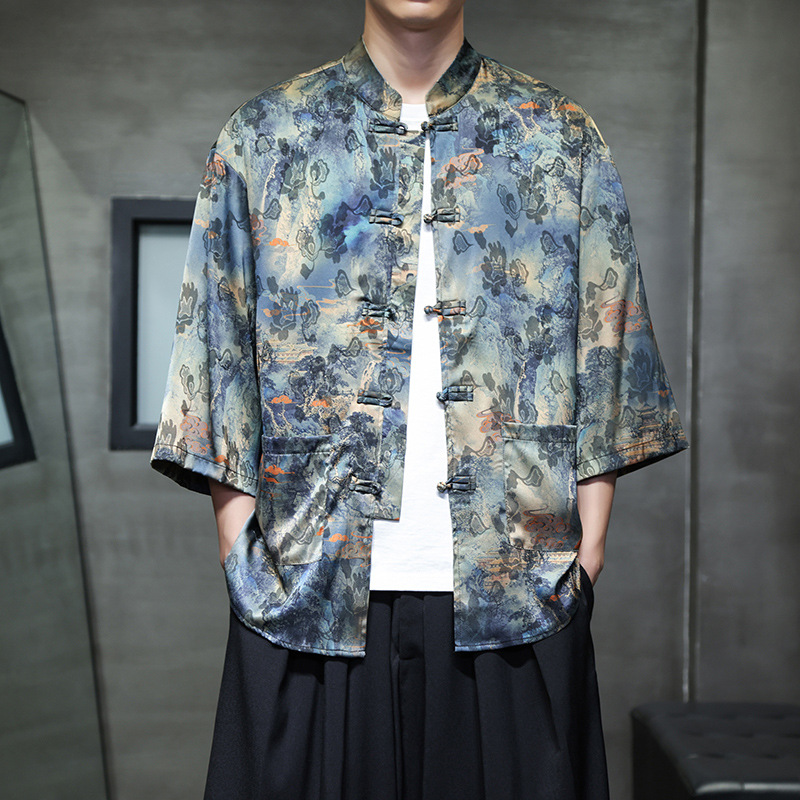 Chinese Style Ice Silk Three-Quarter Sleeve Shirt for Men, Tang Suit with Button Closure, Hanfu, Large Size Printed Short-Sleeve Shirt, Ethnic Style