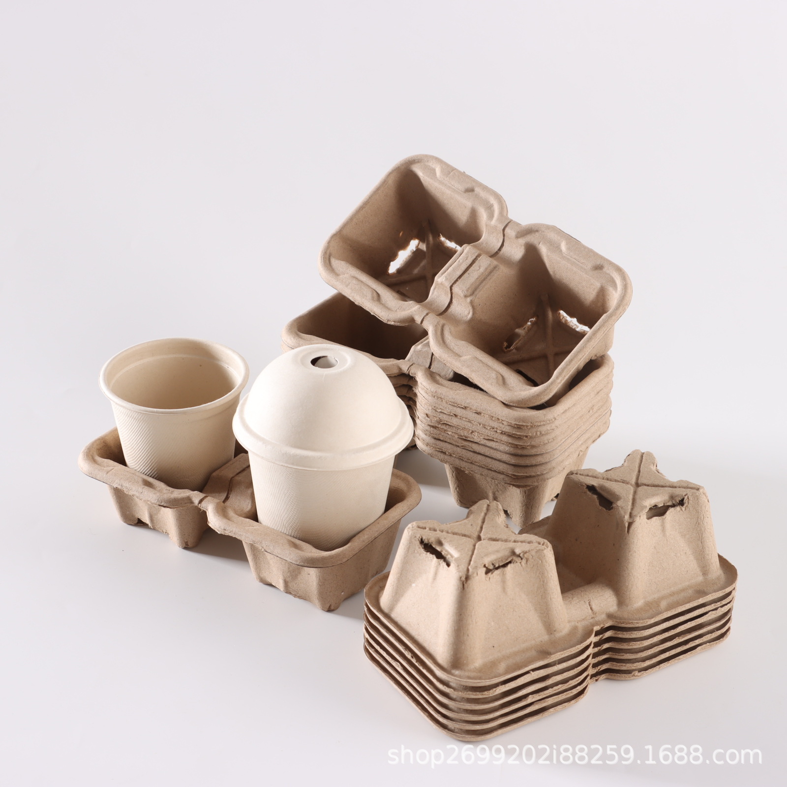 Tearable Four-Cup Holder, Two-Cup Holder, Disposable Pulp Milk Tea Coffee Cup Packaging, Take-Out Fixed Paper Holder, Environmentally Friendly and Degradable