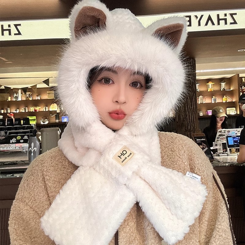 Plush Fox Ear Hat for Women, Winter Warm Neck Scarf, Cold-Proof Winter Ear Protection Scarf, All-In-One Hat Two-Piece Set