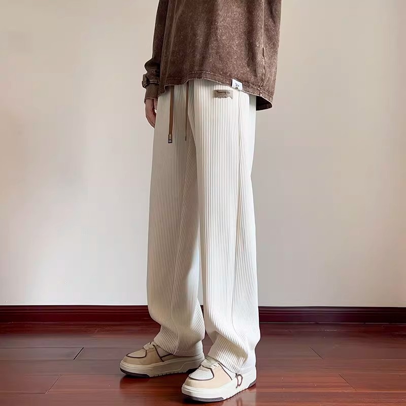 Off-White Corduroy Pants for Men, Autumn and Winter Fleece-Lined, Northeast Cold-Resistant Sweatpants, Straight-Leg Drape Chenille Wide-Leg Pants