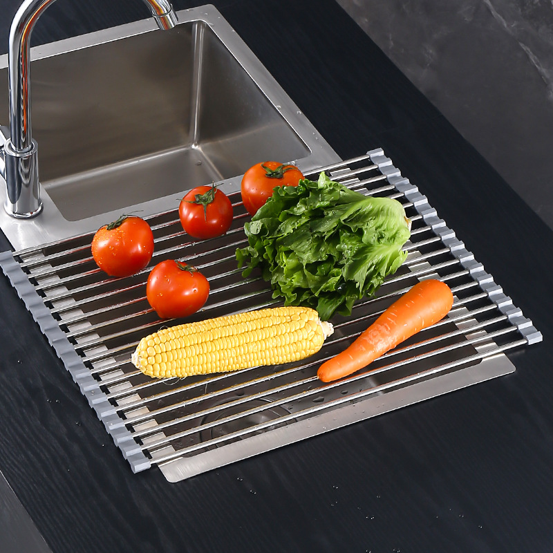 Stainless Steel Folding Drain Rack Silicone Water Filter Rack Roller Shutter Sink Bowl and Chopsticks Fruit and Vegetable Storage Shelf Kitchen Storage Rack