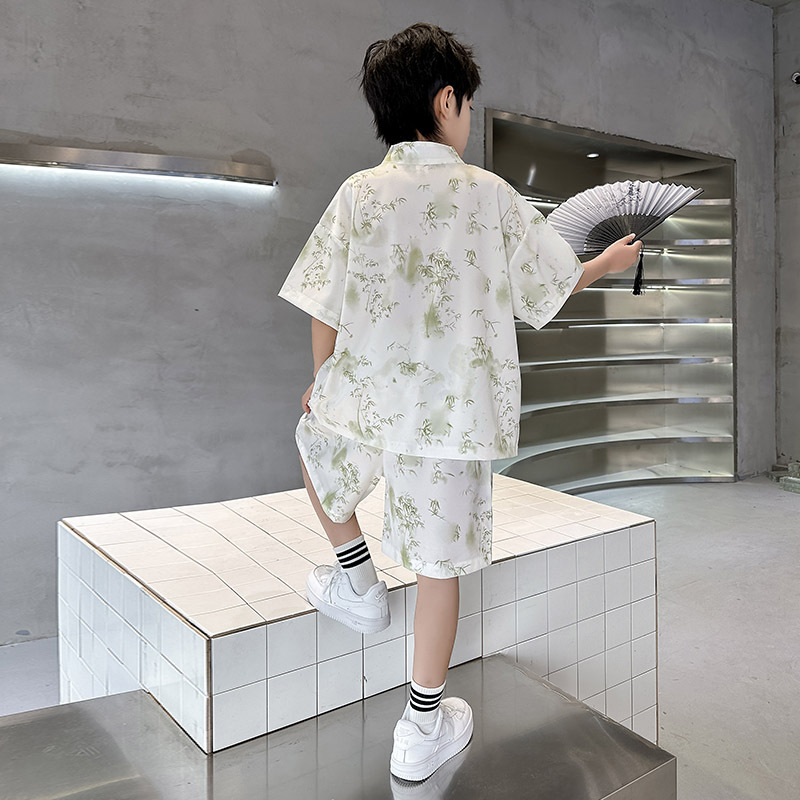 Han Dynasty Boys Summer 2025 New Classy National Style Green Bamboo Short-Sleeved National Trend Tang Suit Chinoiserie Ancient Style Boy Suit