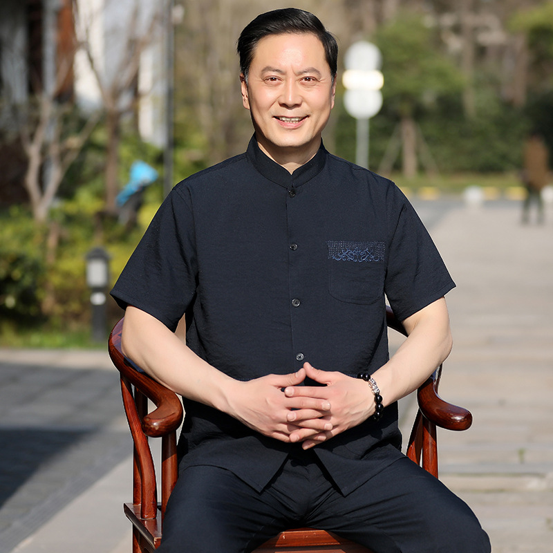 Tang Suit Men's Middle-aged and Elderly Short-sleeved Dad Ice Silk Suit Summer Thin Elderly Clothes Men's Chinese Style Hanfu Grandpa Suit