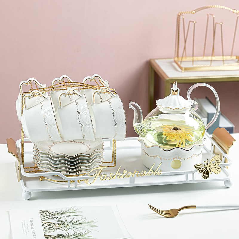 European style flower teapot creative candle simple elegant glass teapot ceramic water cup combination teapot Cup wholesale