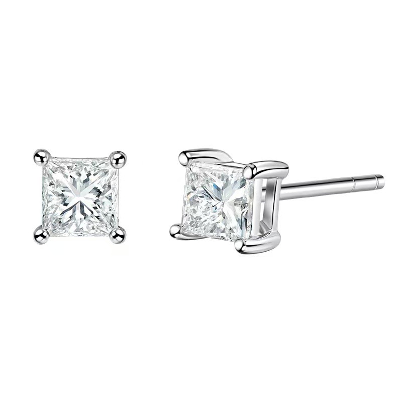 Platinum Pt950 Earrings, Cultivated Diamond Earrings, Four-Claw Square Diamond Earrings, Simple Elegant, 18K Gold Au750 Earrings