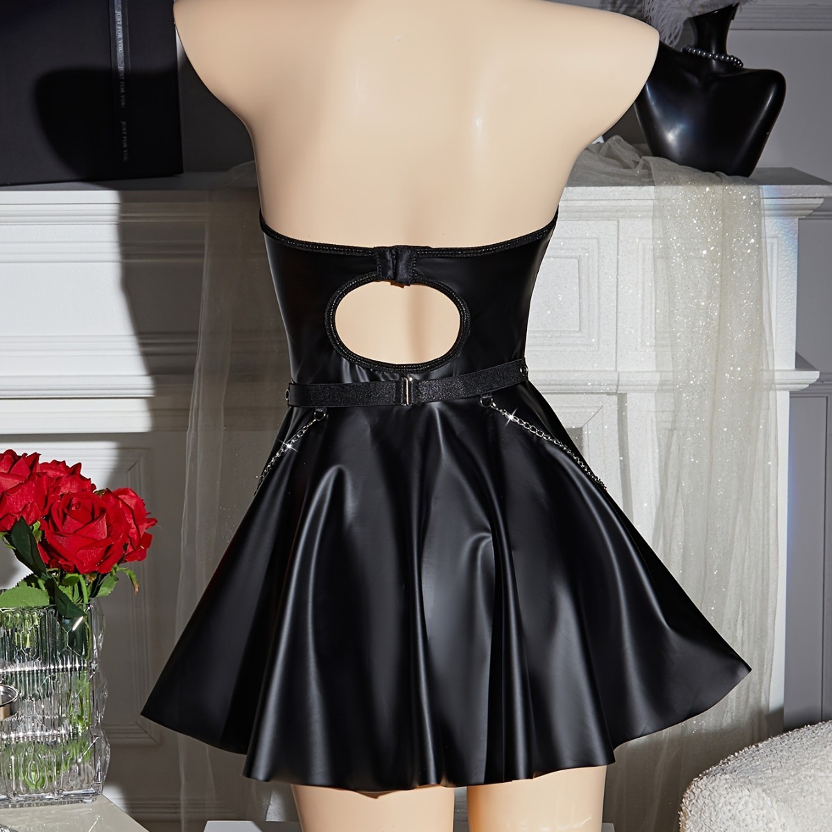 Cross-Border New Sexy Lingerie Set, Pu Leather Nightclub Sexy Backless Short Dress, Halter Neck Nightdress, Uniform Temptation