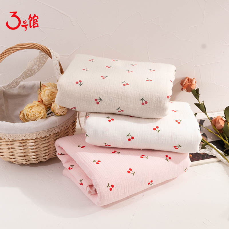 Cotton Double-Layer Gauze Crepe Small Cherry Print Children's Dress Washed Baby Cotton Pajamas Fabric Leather