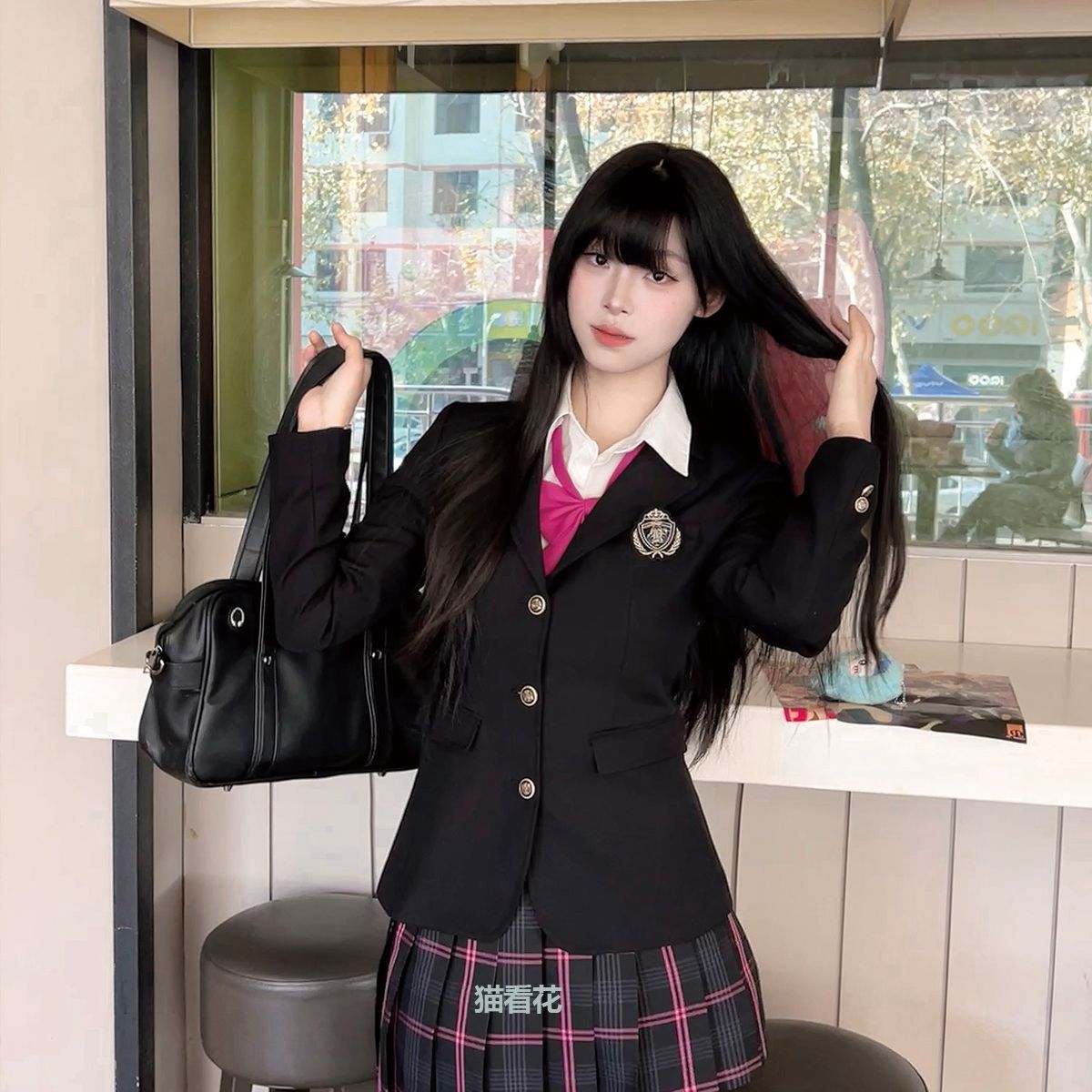 Костюм с завышенной талией и цветочным узором в стиле JK, три пуговицы, насыщенный циановый цвет, стиль колледжа, подходит для весны и осени