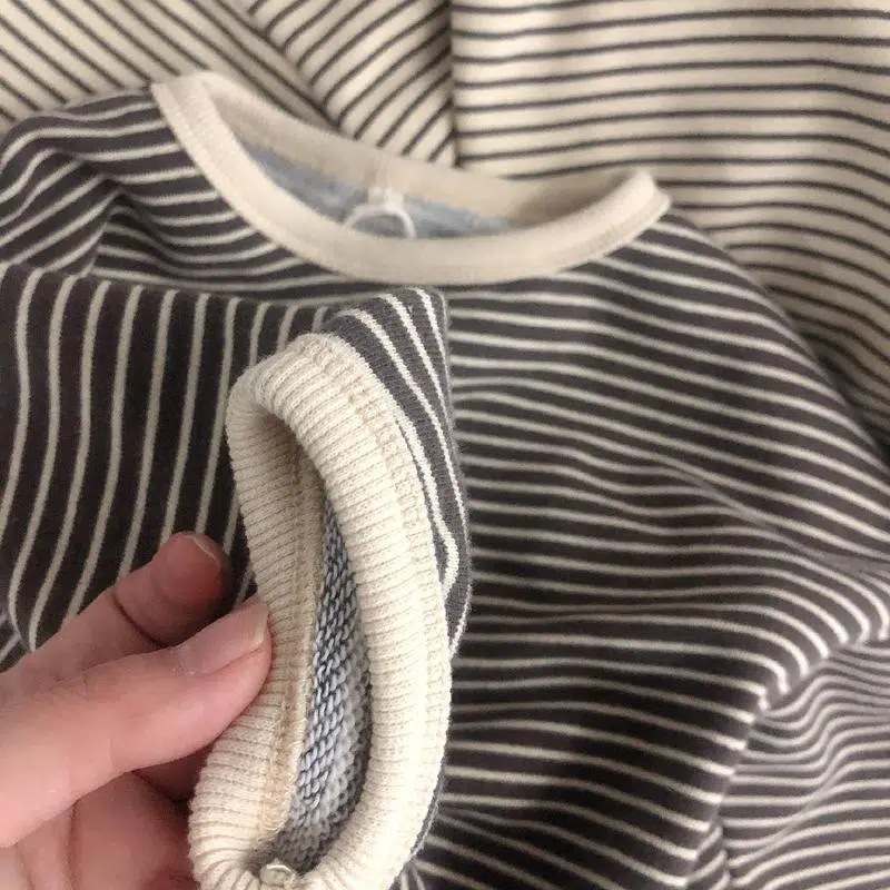 2023 Spring and Autumn New South Korea Fresh Artistic Loose Striped Top Children's T-shirt All-match Basic Base Shirt