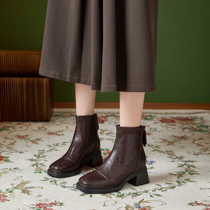 2118 Invisible Inner Heightening 8cm Square Toe Thick Heel Short Boots for Women Autumn and Winter Fleece-Lined British Style Retro Fashion Boots