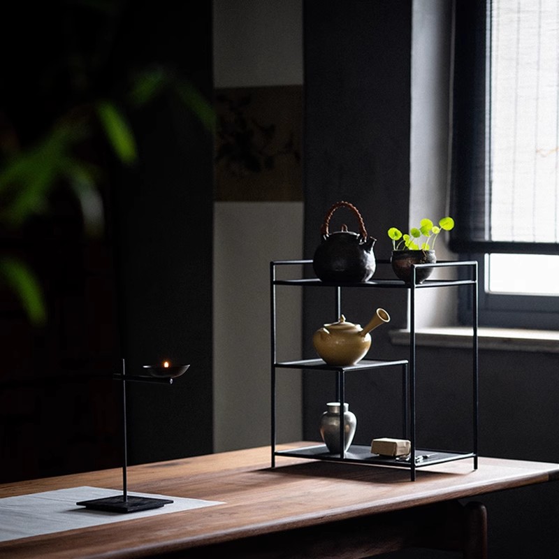New Chinese Tea Set Storage Rack Display Rack Tea Shed Iron Rack Tea Set Cabinet Zen Tea Room Layout Storage Rack