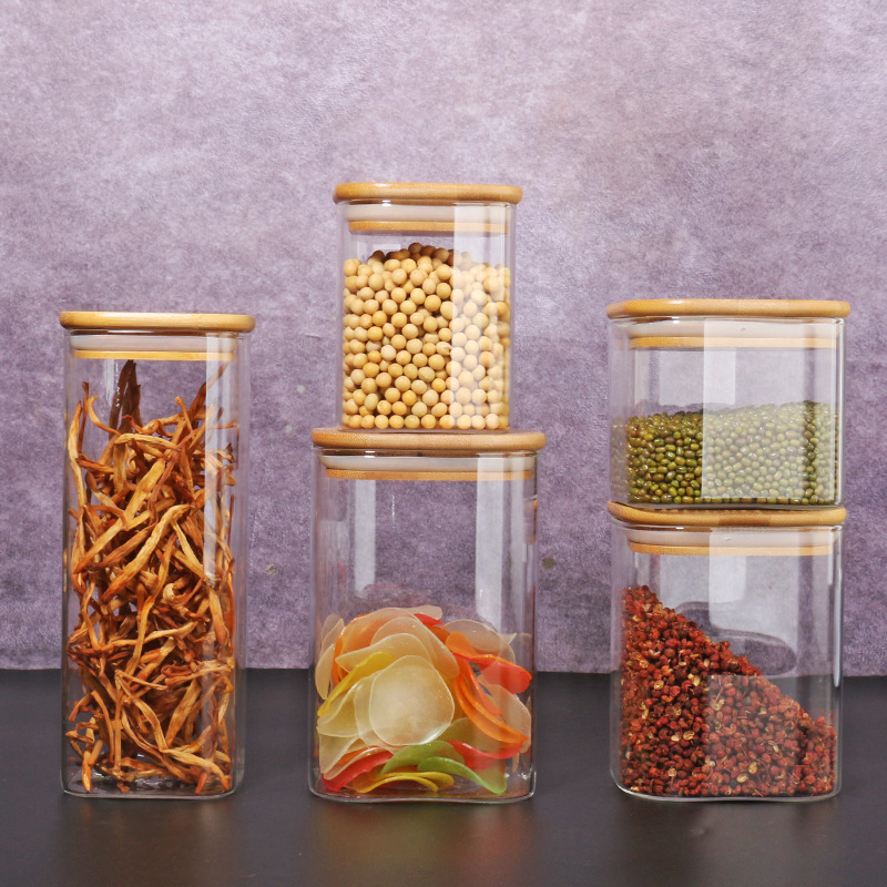 Square Storage Jar with Bamboo Lid, Sealed Jar for Kitchen Grains, Candies, Tea, Glass Storage Jar, Glass Bottle