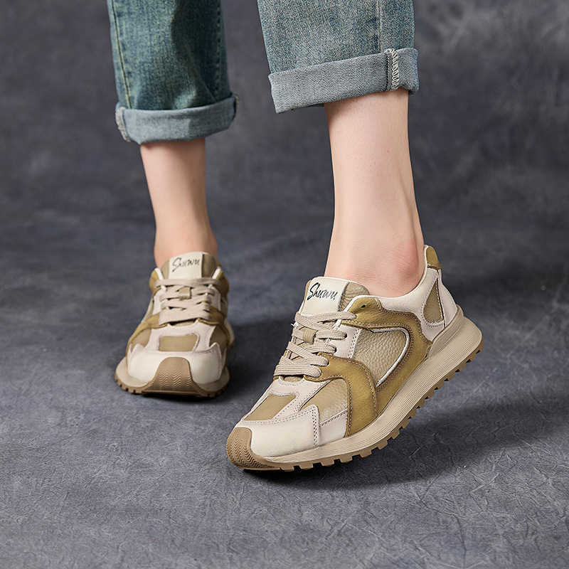 Shuwu 25 Autumn and Winter Genuine Leather Color-Blocked Low-Heeled Flats Shoes Cotton Toe Layer Cowhide Lace-Up Casual Sports Fleece-Lined Women's Shoes