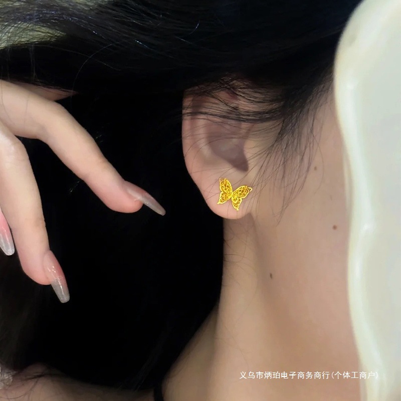 Authentic 9999 Pure Gold Lace Butterfly Earrings for Women 2024 New Gold Double-Layer Cut Out Filigree Butterfly Bingpo