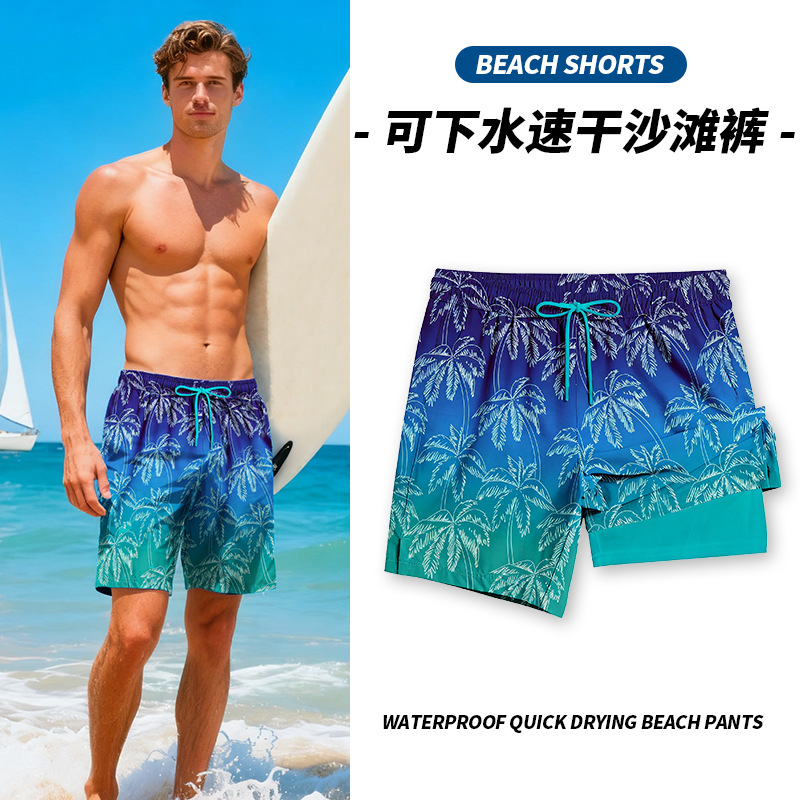 Cross-Border Double-Layer Beach Shorts for Men, European and American Digital Print, Quick-Drying, Casual, Loose-Fitting Swim Trunks, Men's Beach Shorts, Water-Repellent
