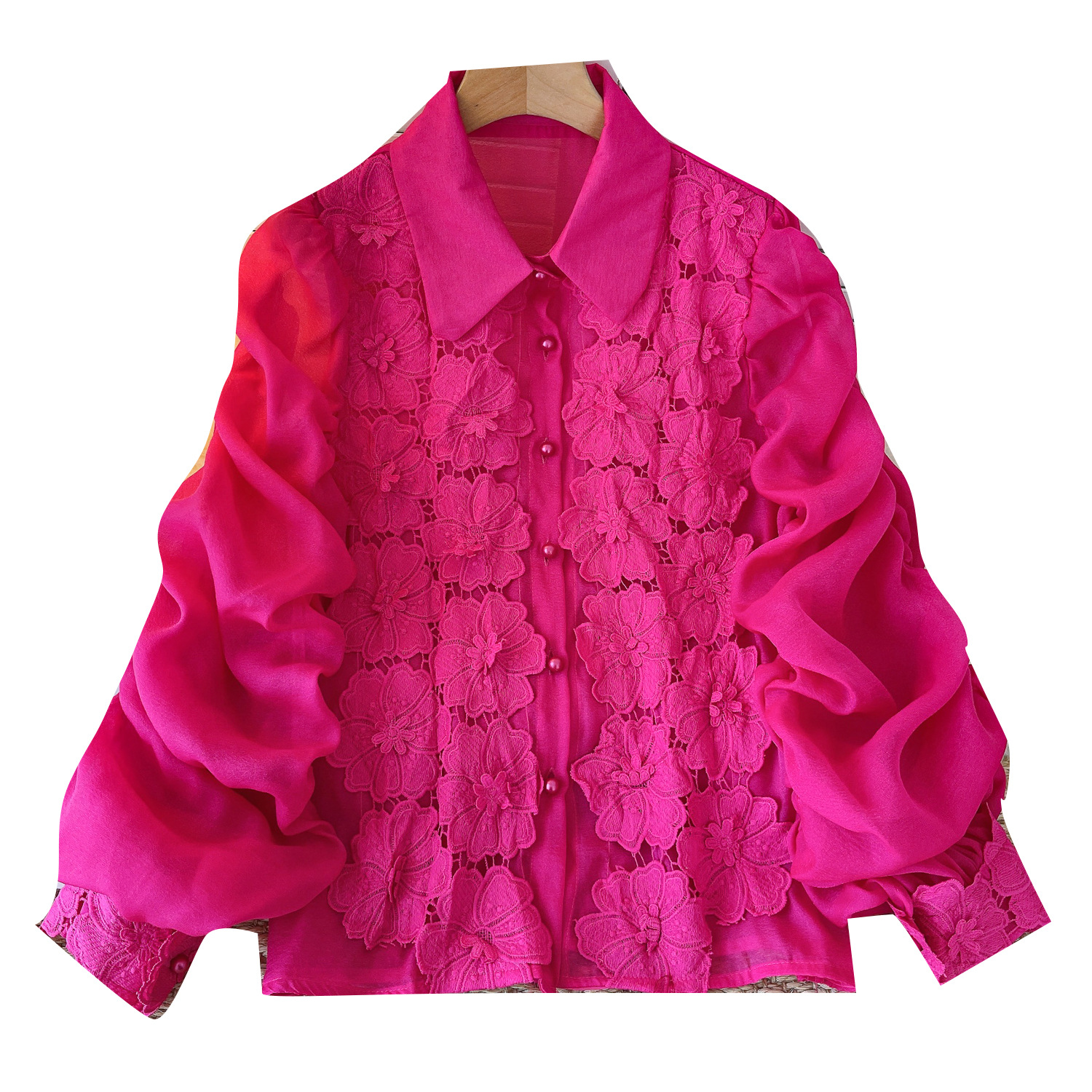 Internet Celebrity Same Style 2024 Autumn Niche Entry Luxury Heavy Industry Hollow Flower Embroidery Pleated Lantern Sleeve Slim Shirt for Women