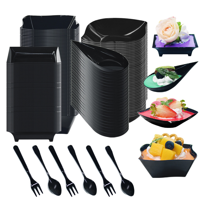 Кросс-бордерные одноразовые черные муссовые чашки PS мини многофункциональные закусочные тарелки десертные блюда набор столовой посуды