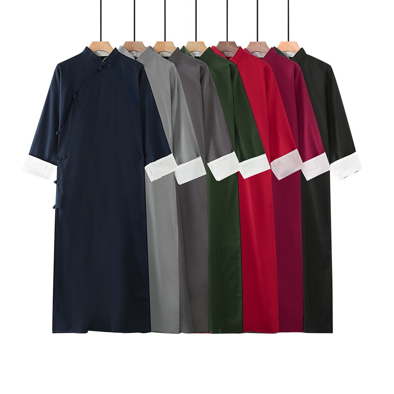 Cotton and Linen Long Shirt Republic of China Chinese Style Long Gown Ma Gua Linen Men's Tea Suit Host Calligraphy Coat Performance Costume