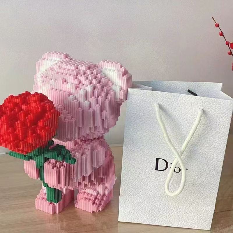Building Blocks Cute Bear with Flowers Violent Bear Children's Toy Puzzle Birthday Gift Chinese Valentine's Day Gift