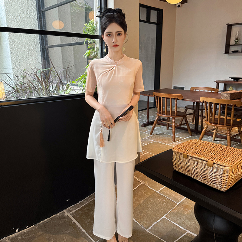 Foot Bath Health Hall Technician Work Clothes Ear-picking Tea Artist Soft Work Clothes National Style Chinese Gradient Printing Long Pants