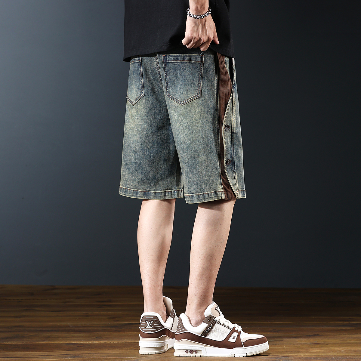 American Retro Workwear Denim Shorts Men's Summer New Loose Wide-Leg Heavy Casual Splicing Five-Point Pants