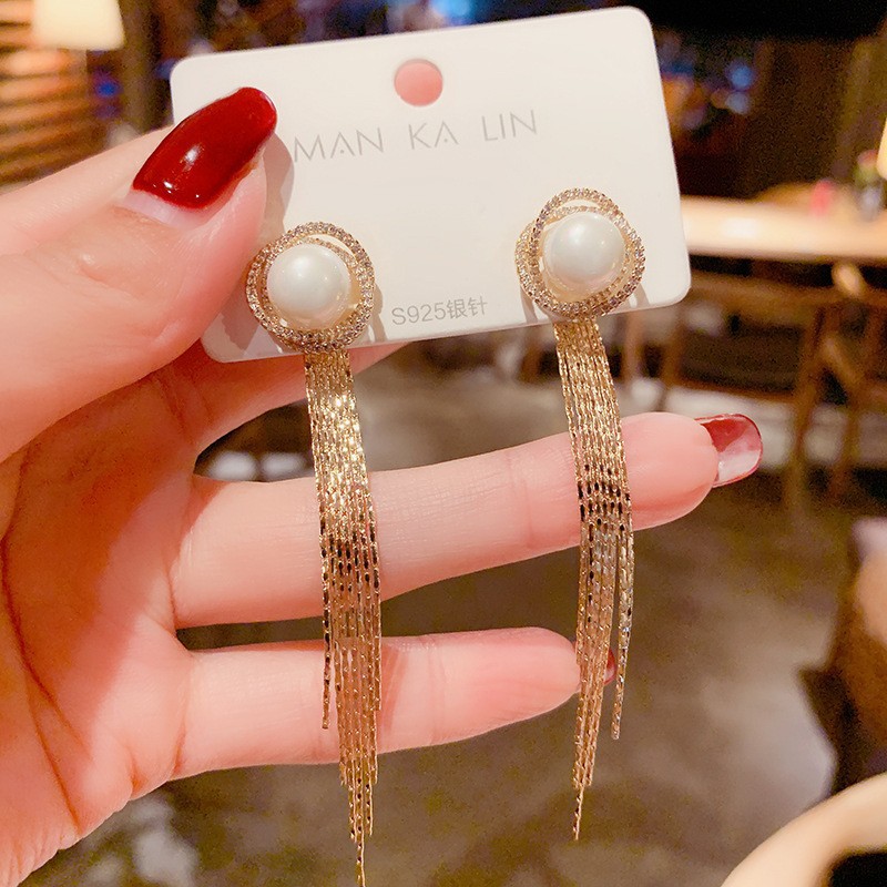 925 silver needle geometric pearl earrings women's fashion earrings tassel High sense eardrop temperament vintage earrings wholesale