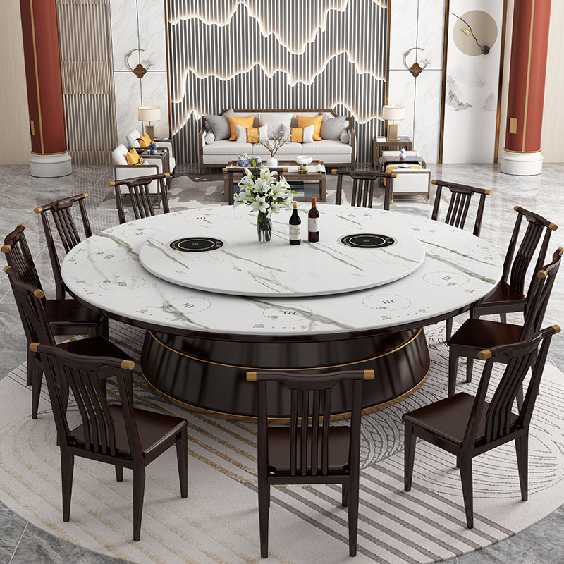 Slate Large Round Table Hot Pot Restaurant Table Hotel Commercial Electric Turntable Modern Simple Private Dining Table Restaurant Table and Chairs