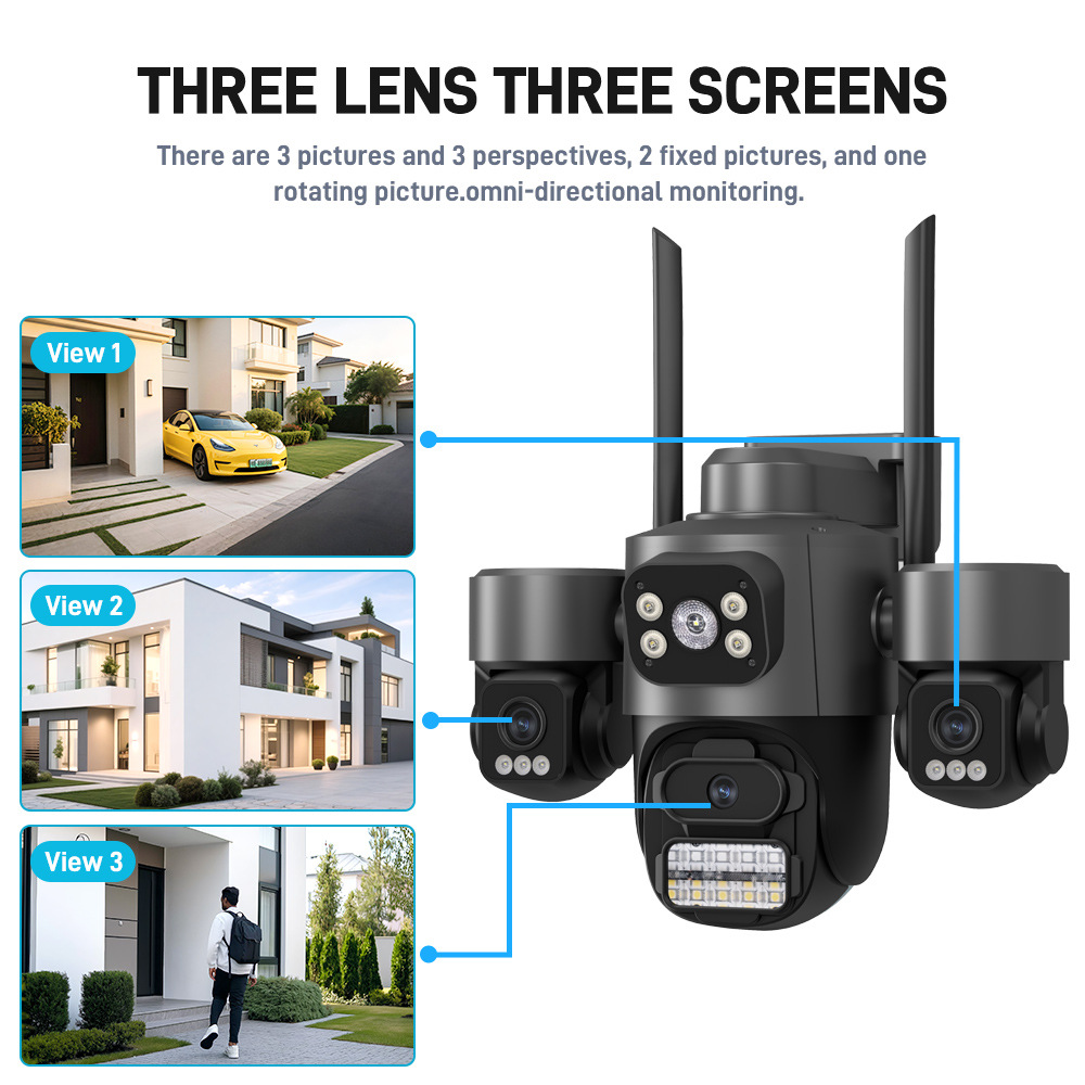 Manufacturer Cross-Border Icsee Super Three-Lens Three-Screen Outdoor Home Wifi High-Definition Surveillance Camera