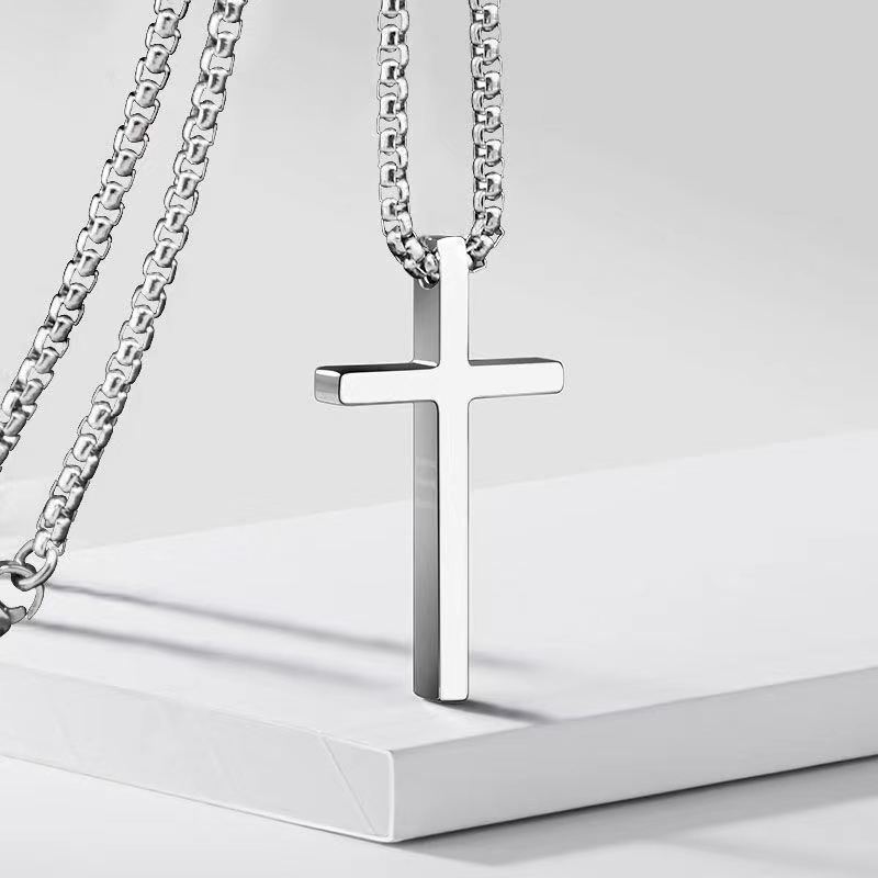 Cross-border European and American New Titanium Steel Cross Necklace Men's Trendy All-match Stainless Steel Cross Pendant Woolen Chain Accessories
