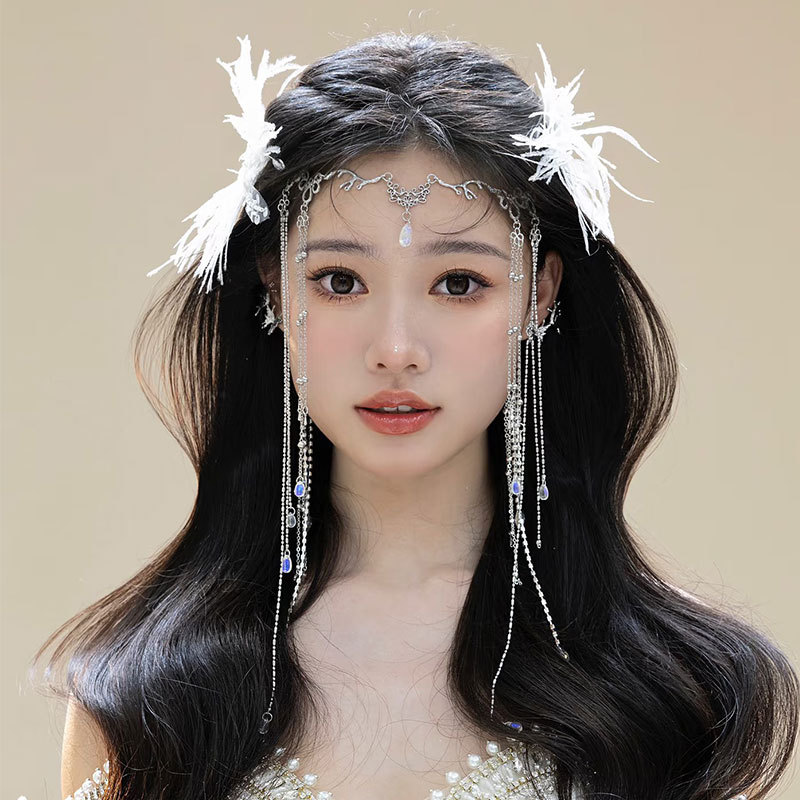 Vintage Water Drop Tassel Hairpin with Face Curtain and Forehead Decoration for Hanfu Traditional Style Hair Accessories