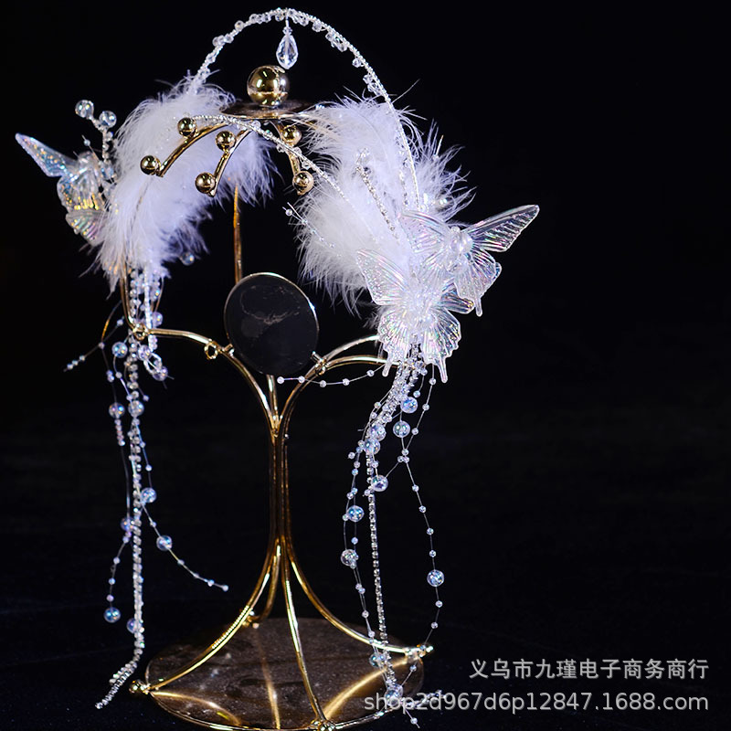 Ancient Style Hairband with Butterfly Feathers and Glass Beads, Forest-Style Bridal Headpiece for Photoshoots and Performances, Tassel Hair Accessory, Popular Forest Style Item